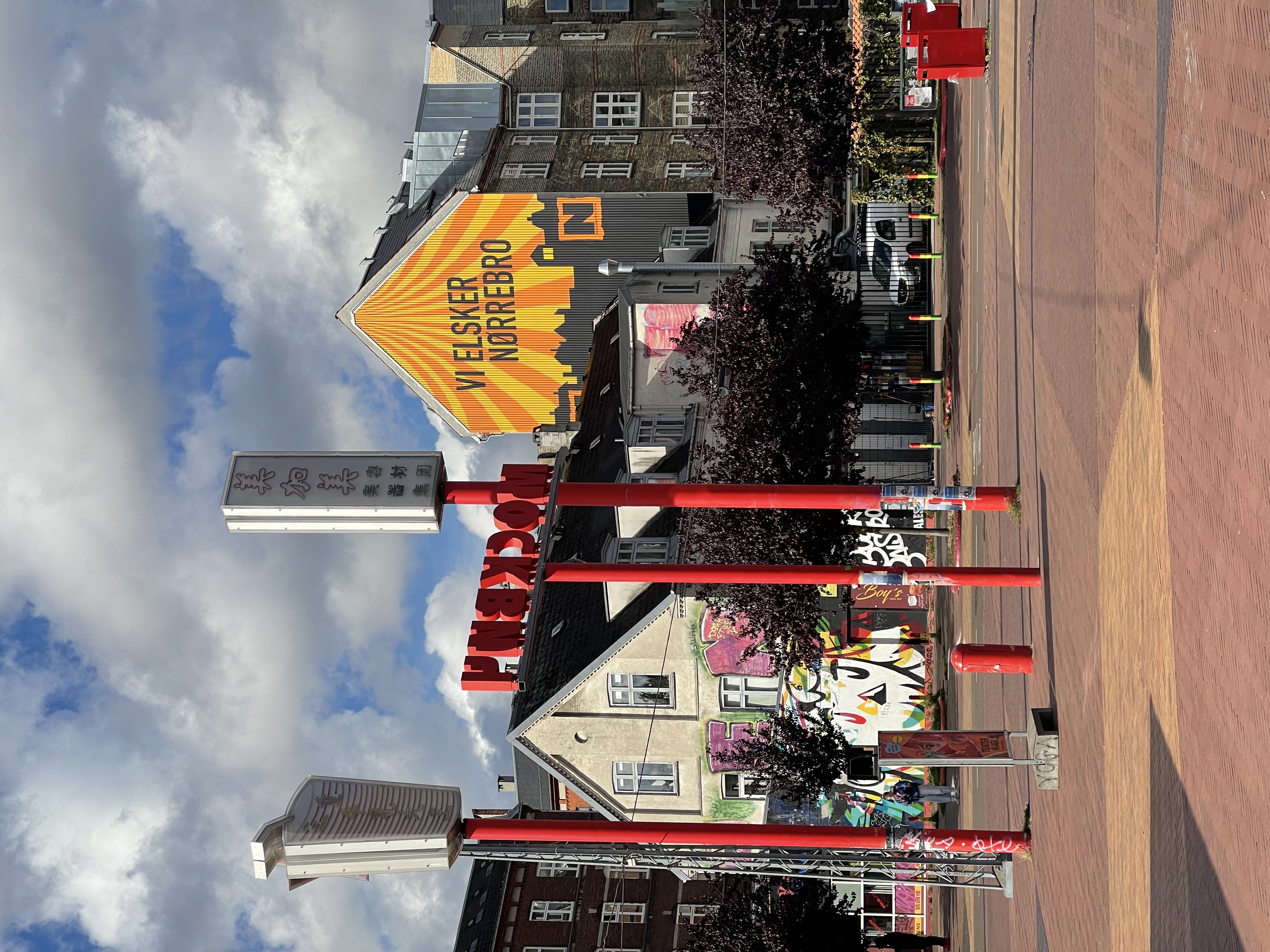 The distinct red and white playground area of Nørrebro Red Square.
